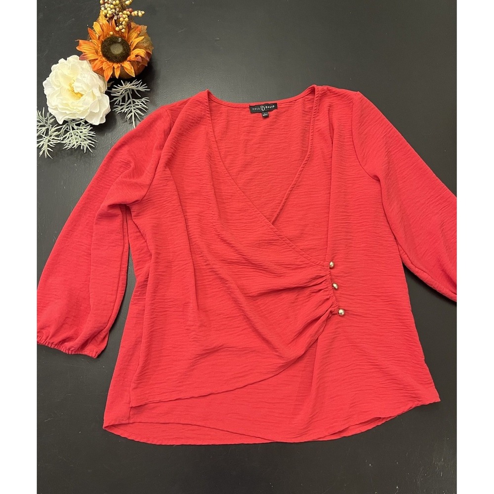 Fred David Red Solid Faux Wrap V-Neck 3/4 Puff Sleeve Blouse Sz L Holiday Career